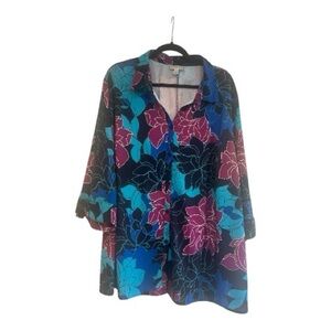 Catherines Womens Tie Sleeve Button Up Top Size 3X Dark Floral Artsy Modest